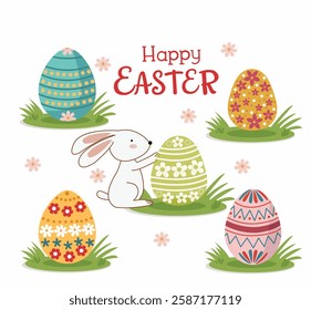 Set of Easter eggs with different textures on on grass a white background.Spring holiday. Happy easter eggs with bunny rabbit cartoons.