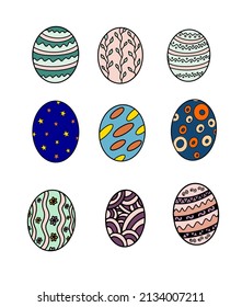 Set of easter eggs, doodle style. Happy easter, hand drawn multicolored eggs. Vetor, Illustration.