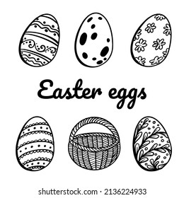Set of Easter eggs in doodle style with basket. Happy easter hand drawn isolated on white background. 