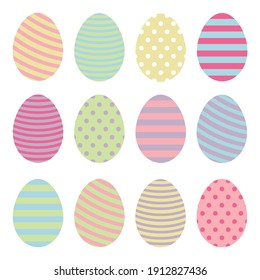 Set of Easter eggs. A dozen painted Easter eggs in pastel colors. Vector illustration isolated on a white background for design and web.