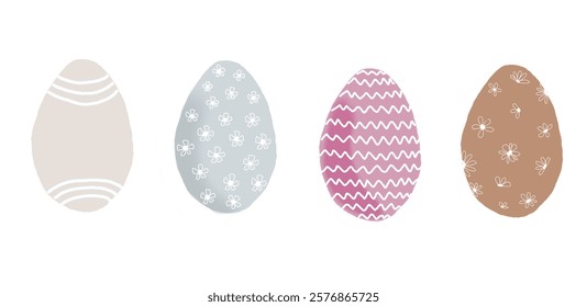 Set of Easter eggs for drawing. A collection of flat pictures with a happy Easter egg in pastel and multi-colored colors for the traditional holiday. illustration elements of flat oval shape.