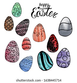 Set of easter eggs drawn in ink by hand in doodle style, zenart, with watercolor background in different colors, lettering, lettering