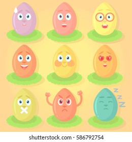 Set of Easter eggs with emotions, bright festive emotional icons. Happy, botanist, laugh, confused, in love, not talking, angry, sleep, with cold sweat.
