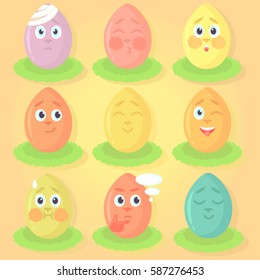 Set of Easter eggs with emotions, bright festive emotional icons. Face with a bandage, kissing, thinking, smirking, showing tongue, nauseated, smiling with smiling eyes, happy.
