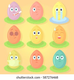 Set of Easter eggs with emotions, bright festive emotional icons. Face with thermometer, cool in glasses, winking, surprised, without emotion, cry, laugh, with medical mask, relieved face, cold sweat.