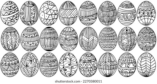 Set of Easter eggs with fantasy patterns, coloring page with swirls and lines vector illustration