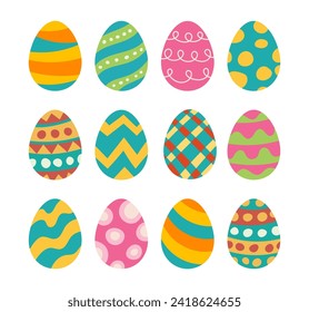 Set of easter eggs flat design on white background. Happy easter decorative elements.