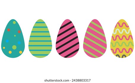Set of easter eggs flat design on white background. Easter eggs painted in different colors. Easter eggs flat design on transparent background. Set of colorful decorated easter eggs 2d assets.