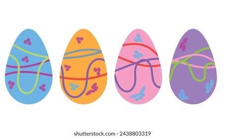 Set of easter eggs flat design on white background. Easter eggs painted in different colors. Easter eggs flat design on transparent background. Set of colorful decorated easter eggs 2d assets.