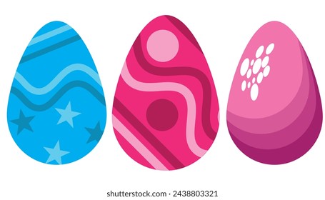 Set of easter eggs flat design on white background. Easter eggs painted in different colors. Easter eggs flat design on transparent background. Set of colorful decorated easter eggs 2d assets.