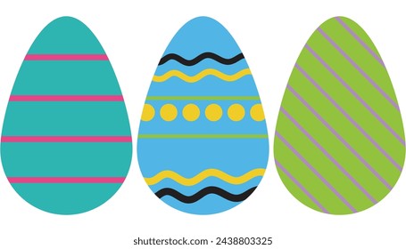 Conjunto de huevos de Pascua de diseño plano sobre fondo blanco. Huevos de Pascua pintados en diferentes colores. Huevos de Pascua de diseño plano sobre fondo transparente. Conjunto de coloridos huevos de Pascua decorados 2d activos.