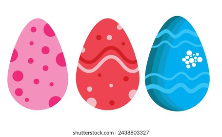 Set of easter eggs flat design on white background. Easter eggs painted in different colors. Easter eggs flat design on transparent background. Set of colorful decorated easter eggs 2d assets.
