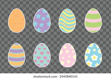 Set of easter eggs flat design on white background. Easter Eggs. Set of vector illustrations in watercolor style. Colored Easter eggs.