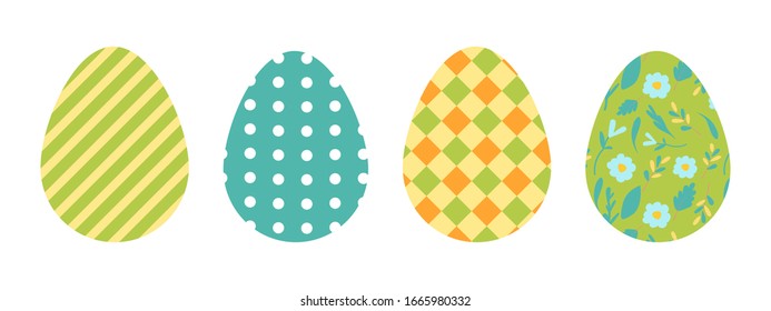 Set of easter eggs in flat style drawn by hand. Religious symbol for happy easter in green and yellow colors. Striped egg, polka dots, cage and flower. Traditional painting of eggs for a Christian