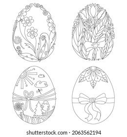 A set of Easter eggs with floral designs on a white background. Coloring book for children and adults. Isolated decorative elements for design