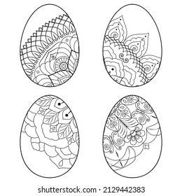 A set of Easter eggs with floral ornaments on a white background.Black contour drawing. Coloring book for children and adults