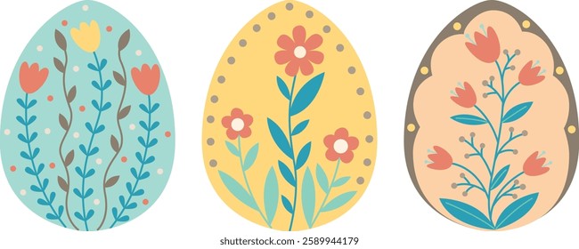 Set of Easter eggs with floral pattern. Holiday painted eggs isolated on white background