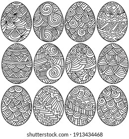 Set of Easter eggs with floral patterns, coloring page design, traditional holiday attributes, vector illustration