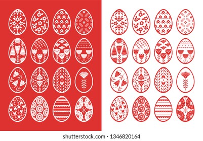 Set of Easter eggs with floral and plant ornamental. Folk style collection, laconic vector graphic Scandinavian style. Red color. For holiday celebration design