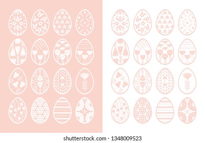 Set of Easter eggs with floral and plant ornamental. Folk style collection, laconic vector graphic Scandinavian style. Pink color. For holiday celebration design