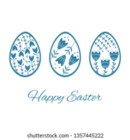 Set of Easter eggs with floral and plant ornamental. Folk style collection, laconic vector graphic Scandinavian style. Blue color. Holiday card celebration design