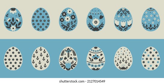 Un conjunto de huevos de Pascua en un estilo floral de color gris-azul