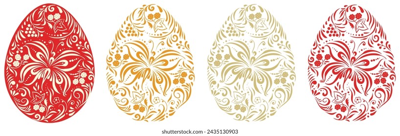 A set of Easter eggs in folk Russian style with elements of patterns and ornaments in an ancient Russian theme. Traditional, folk motif. Vector Easter twigs, berries, flowers, leaves and butterfly.