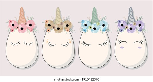 Set of Easter eggs in the form of unicorns with wreaths of flowers and eyes in pastel colors