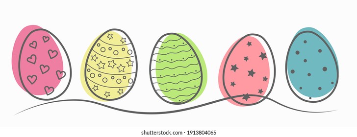 Juego de huevos de Pascua con adornos divertidos, círculos, estrellas, rayas, olas, cuerdas con arcos, ilustración vectorial sobre un fondo blanco