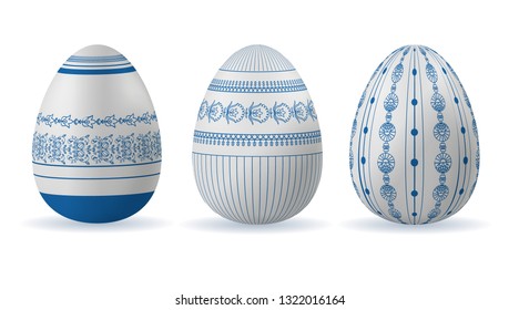 Set of Easter eggs with geometric and floral patterns in folk style. Vector