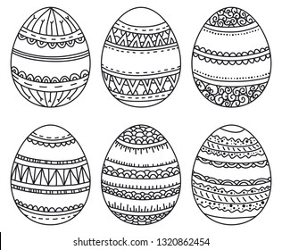 Set of easter eggs with geometric pattern for coloring book. Easter holidays design. Hand drawn decorative elements in vector. Black and white. Zentangle, Vector. 
