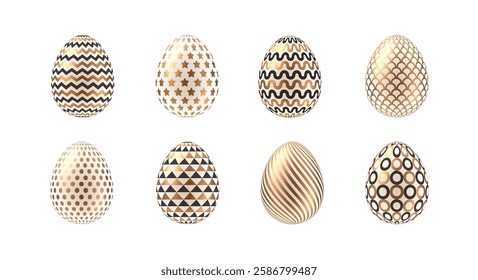 Set of Easter eggs with golden decor. Vector illustration.