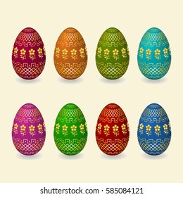 Set of Easter eggs with golden ornament, flowers, butterfly, leaves, geometric. Vector Illustration