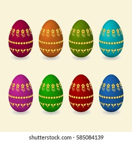 Set of Easter eggs with golden ornament, flowers, butterfly, leaves, geometric. Vector Illustration