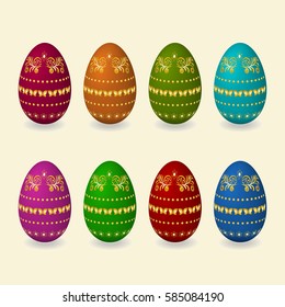 Set of Easter eggs with golden ornament, flowers, butterfly, leaves, geometric. Vector Illustration