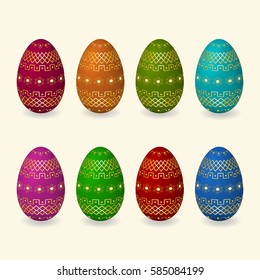 Set of Easter eggs with golden ornament, flowers, butterfly, leaves, geometric. Vector Illustration