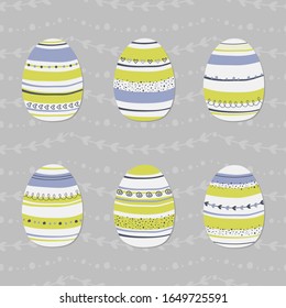 Set of Easter eggs. Graphic elements to create your own trendy easter’s designs. Eggs with stripes, waves, dots, hearts, stars. Perfect for holiday greetings. Vector illustration.