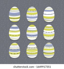 Set of Easter eggs. Graphic elements to create your own trendy easter’s designs. Eggs with stripes, waves, dots, hearts, stars. Perfect for holiday greetings. Vector illustration.