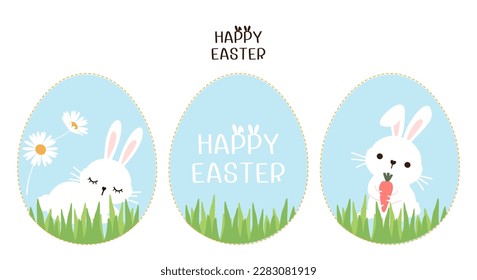 Set of Easter eggs, green grass, bunny rabbit cartoons and carrot isolated on white background vector illustration.