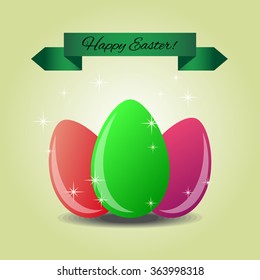 Set of Easter eggs with green ribbon in vector. Happy easter. Easter eggs in green, pink, red color - vector illustration.