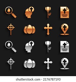 Set Easter eggs, Greeting card with Happy, Map pointer christian cross, Christian, Flower tulip, Search and easter and Human head icon. Vector