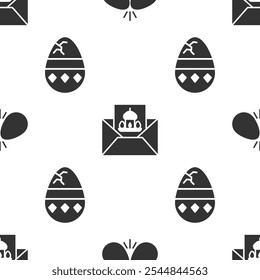 Set Easter eggs, Greeting card with Happy Easter and Cracked egg on seamless pattern. Vector