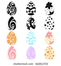 Set of Easter eggs. Hand-drawn eggs. Black and white patterns. Bright colored curls. The Christian holiday of Easter. The tradition of Christians. Vector illustration.