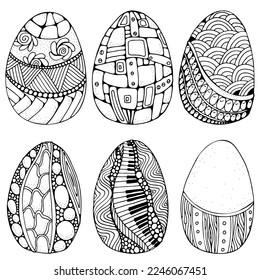 Set of Easter eggs. Hand-drawn decorative elements in vector. Pattern for coloring book. Black and white pattern.  Made by trace from sketch. Zentangle