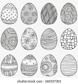 Set of Easter eggs. Hand-drawn decorative elements in vector. Pattern for coloring book. Black and white pattern.  Made by trace from sketch. Zentangle