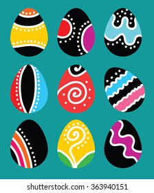 Set Easter eggs for happy easter - stylish black eggs decorated wavy lines and dots - original eggs inspired by mexican tradition patterns and colors. Eggs label collection for happy Easter.