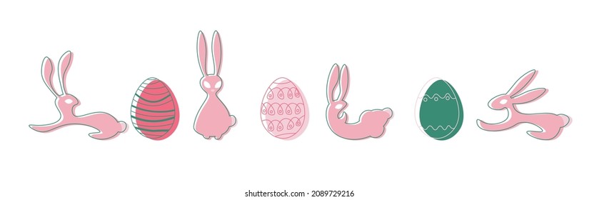 Set of Easter eggs, hares, in a flat style for Easter