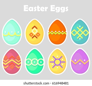 Set of Easter eggs icon, colored, oval, bright with a white outline isolated on a gray background. Geometric patterns with lines and points. Spring holiday. Vector Illustration.
