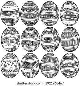 Set of Easter eggs with intricate patterns, striped stylish Easter attributes coloring page vector illustration