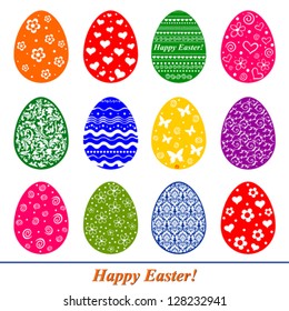 Set of Easter Eggs isolated on White background. Pattern in a shape of an egg. Vector Illustration